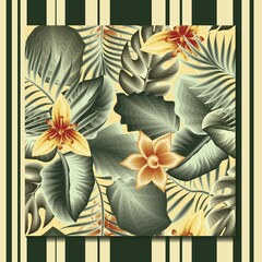 Exotic tropical seamless pattern with beauty green calla leaves, monstera and palm with beige frangipani flower vector composition. fashionable texture. Beach summer shirt design