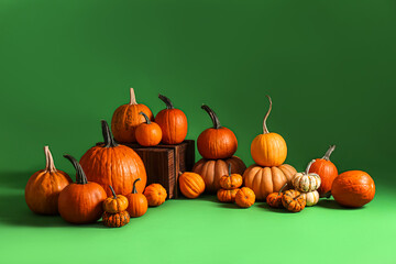 Different ripe pumpkins on green background