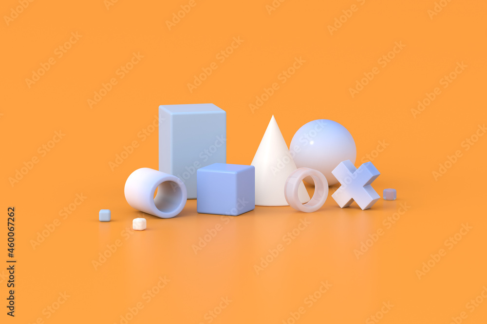 Poster 3d rendering of geometric composition on orange background.