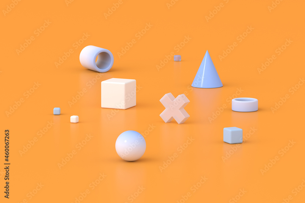 Poster 3d rendering of geometric composition on orange background.