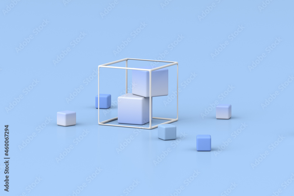 Poster 3d rendering of geometric composition on blue background.