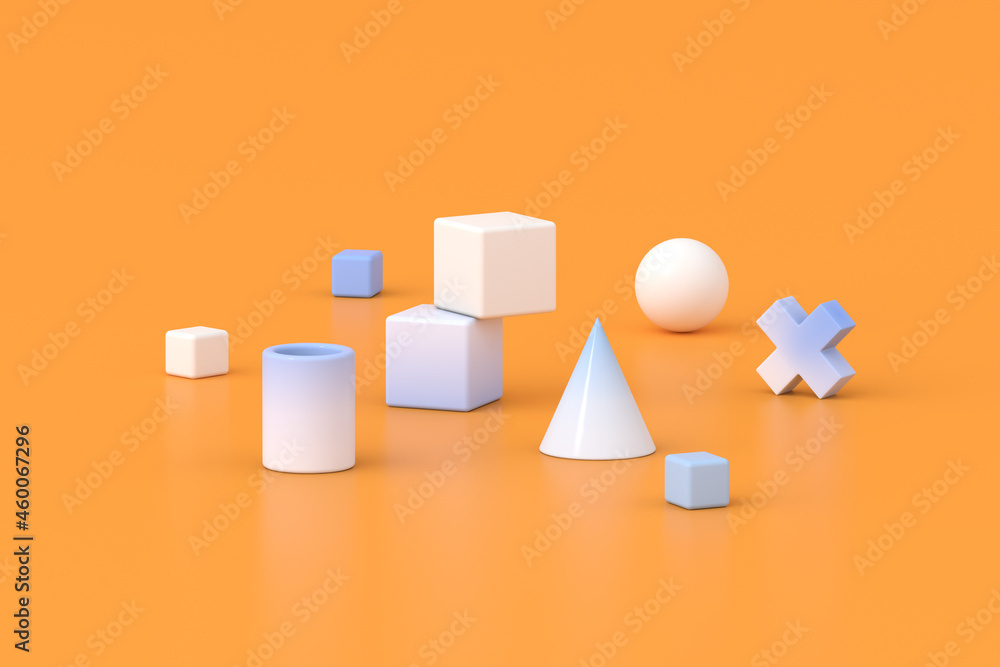 Poster 3d rendering of geometric composition on orange background.