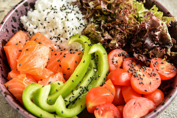 Tasty poke bowl, closeup view