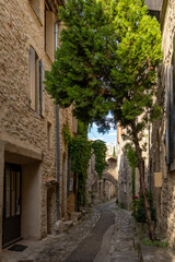 Fototapeta na wymiar Vaison-la-Romaine street view on medieval upper village with red roofs, green trees and blue sky, Provence, France