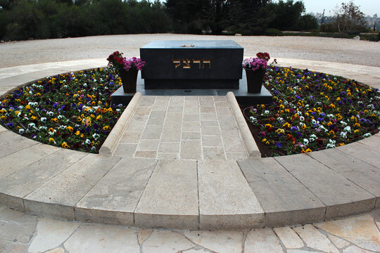 Jerusalem, Israel - December 3, 2013: Tomb of Theodor Herzl, the founder of modern political Zionism, at Mount Herzl, Israel's national memorial cemetery in western part of Jerusalem.