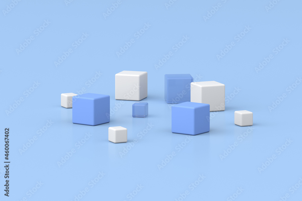 Poster 3d rendering of geometric composition on blue background.