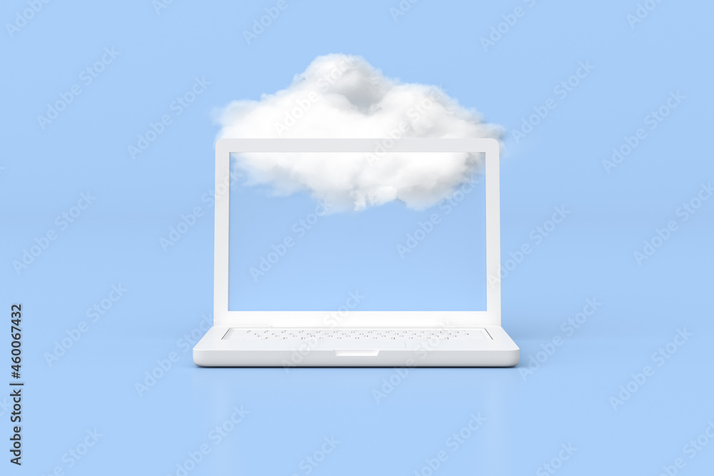 Poster 3d rendering of laptop with white cloud, cloud computing concept.