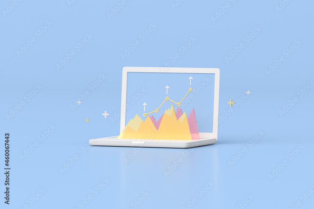 Poster illustration of laptop with stock trading graph, growing strategy chart, cloud computing. 3d renderi