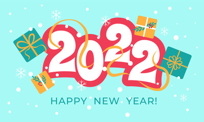 New year 2022 banner. Happy new year greetings card with gifts and snowflaces. ​Vector illustration.