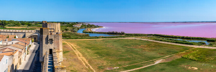 The salt marshes of Aigues-Mortes in Camargue, southern France, seen from the ramparts of the old...