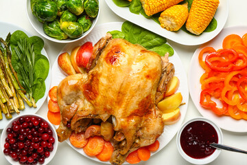 Tasty baked turkey with vegetables for Thanksgiving Day on white background
