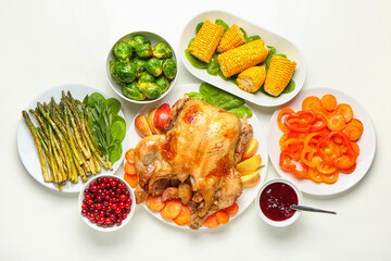 Tasty baked turkey with vegetables for Thanksgiving Day on white background