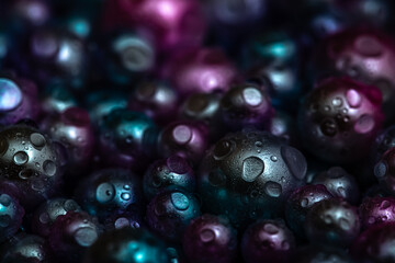 Beautiful background with nacreous dark pearls, top view. Abstract texture for festive backgrounds. Shiny multicolored dark surface of Christmas decorations. Gems close-up. Black bright background.