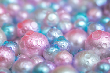 Beautiful background with pearl pearls, top view. Abstract texture for festive backgrounds. Shiny surface of Christmas decorations. Gems close-up. Multicolored bright background.