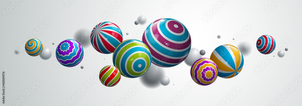 Poster abstract realistic glossy spheres vector background, composition of flying balls decorated with patt
