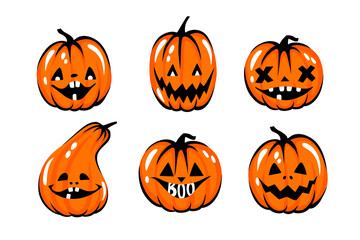 Halloween pumpkin face illustration. Cartoon vector character. Cute Orange carving pumpkin collection.