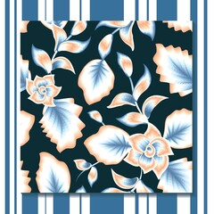 fashionable tropical flower seamless pattern plants with orange, blue and white color composition on dark background. Beach summer shirt design. exotic tropics. floral background