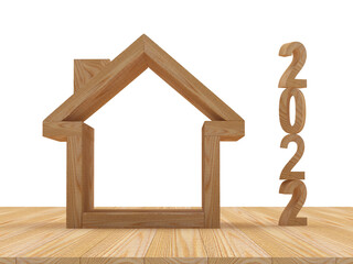 Wooden house icon with numbers 2022 on wooden floor over white background. 3D illustration 