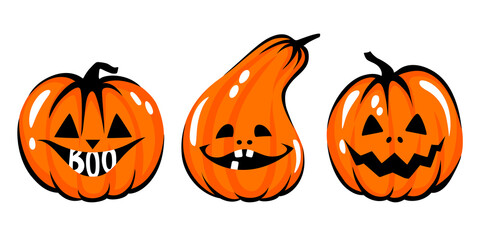 Halloween pumpkin face illustration. Cartoon vector character. Cute Orange carving pumpkin collection.