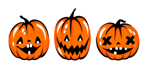 Halloween pumpkin face illustration. Cartoon vector character. Cute Orange carving pumpkin collection.
