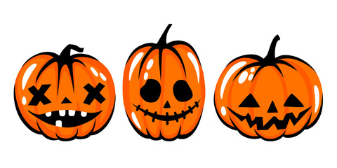 Halloween pumpkin face illustration. Cartoon vector character. Cute Orange carving pumpkin collection.