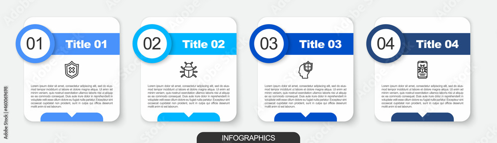 Poster set line shield with cross mark, system bug, head shield and on mobile. business infographic templat