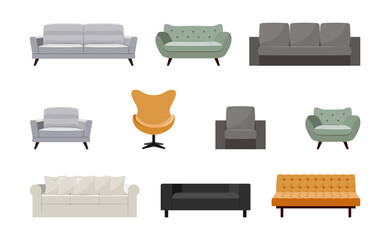Sofas and armchair in flat style, vector