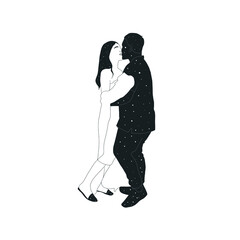 Couple in love man and woman. Guy hugs a girl, love. Esoteric mystical drawing for valentine's day cards, stickers, invitation. Hand drawn sketch art