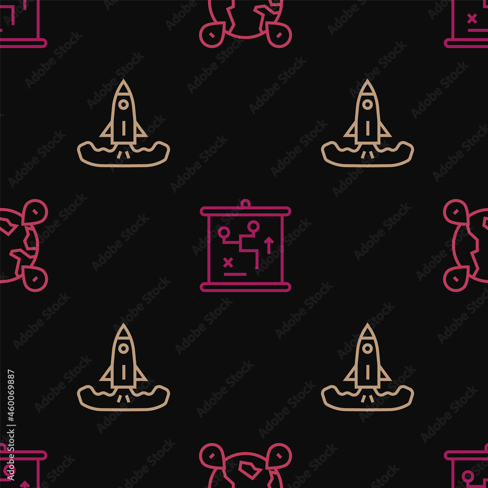 Aufkleber set line location on the globe, rocket and planning strategy concept on seamless pattern. vector