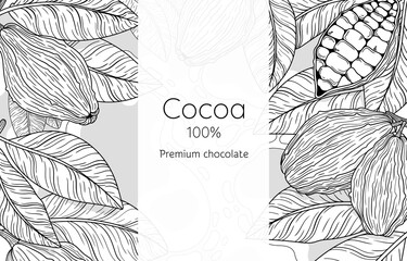Graphic, vector, black-and-white element made of fruits and leaves of the cocoa tree. A tropical plant, natural component for chocolate. Vintage-style illustration for coloring pages, banners, labels