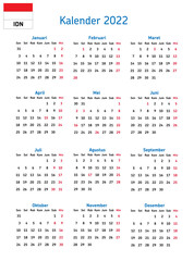 Simple annual 2022 year wall calendar. Indonesian language. Week starts on Monday. Sunday highlighted. With indonesia holidays highlighted. EPS 10 vector illustration, no transparency, no gradients