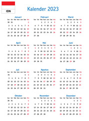 Simple annual 2023 year wall calendar. Indonesian language. Week starts on Monday. Sunday highlighted. With indonesia holidays highlighted. EPS 10 vector illustration, no transparency, no gradients