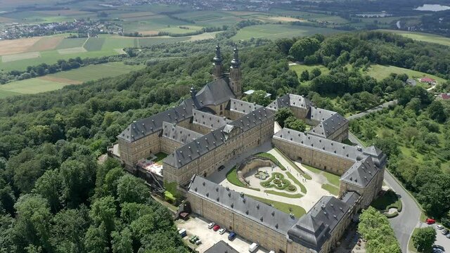 Aerial view of Banz Monastery, former Benedictine monastery, South German Baroque, near Bad Staffelstein, Lichtenfels district,  Franconian Alp, Franconia, Bavaria, Germany,