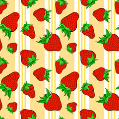 Strawberry seamless pattern on yellow striped background. Red berry repeating endless texture. Yummy boundless background. Vegan food surface pattern design. Editable tile for kitchen textile.