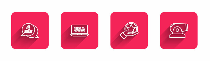 Set line USA Independence day, on laptop, and Cannon with long shadow. Red square button. Vector