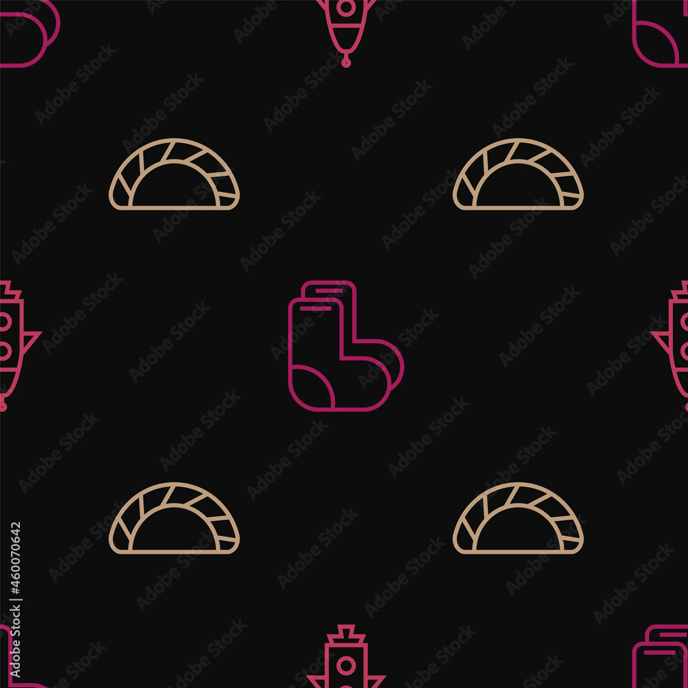 Poster set line rocket ship, dumpling and valenki on seamless pattern. vector
