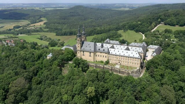 Aerial view of Banz Monastery, former Benedictine monastery, South German Baroque, near Bad Staffelstein, Lichtenfels district,  Franconian Alp, Franconia, Bavaria, Germany,