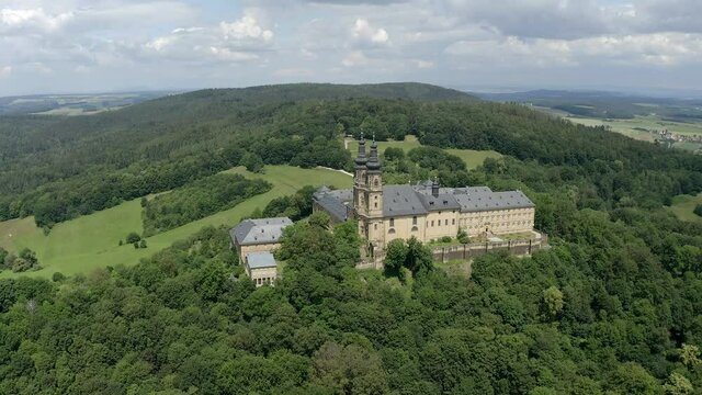 Aerial view of Banz Monastery, former Benedictine monastery, South German Baroque, near Bad Staffelstein, Lichtenfels district,  Franconian Alp, Franconia, Bavaria, Germany,