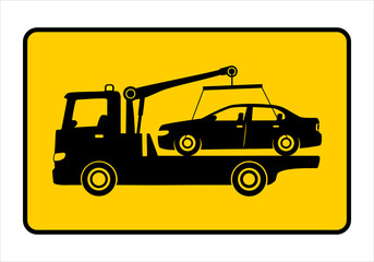 Fototapeta na wymiar Tow truck city road assistance service evacuator. Parking violation. Road sign - no Parking. Sign of a tow truck yellow. Black icon. Raster illustration of no parking anytime sign on white background