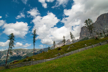 Rosengarten also called Catinaccio mountain range in the Dolomites of South Tyrol (Alto Adige) during autumn. The Vajolet Towers and the rock face of mount Laurin Wand. The Rosengarten is part of the 