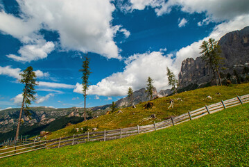 Rosengarten also called Catinaccio mountain range in the Dolomites of South Tyrol (Alto Adige) during autumn. The Vajolet Towers and the rock face of mount Laurin Wand. The Rosengarten is part of the 