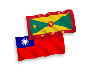 National vector fabric wave flags of Grenada and Taiwan isolated on white background. 1 to 2 proportion.