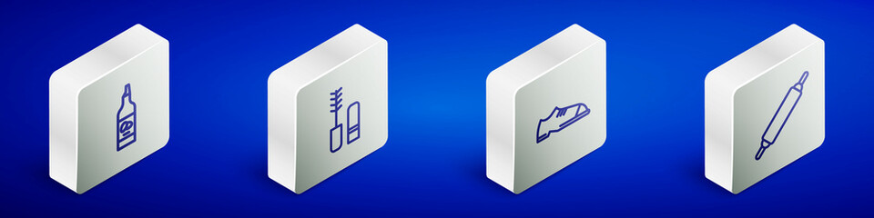 Set Isometric line Bottle of olive oil, Mascara brush, Men shoes and Rolling pin icon. Vector