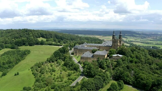 Aerial view of Banz Monastery, former Benedictine monastery, South German Baroque, near Bad Staffelstein, Lichtenfels district,  Franconian Alp, Franconia, Bavaria, Germany,