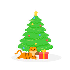 This is a Christmas tree with decorations, a gift box, and a tiger isolated on a white background.