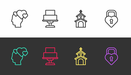 Fototapeta premium Set line Head with heart, Wedding cake, Church building and Castle the shape of on black and white. Vector