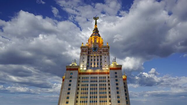 The Main building of Lomonosov Moscow State University on Sparrow Hills (night). It is the highest-ranking Russian educational institution. Russia