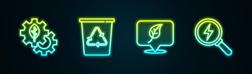 Set line Leaf plant in gear machine, Recycle bin with recycle, Location leaf and Lightning bolt. Glowing neon icon. Vector
