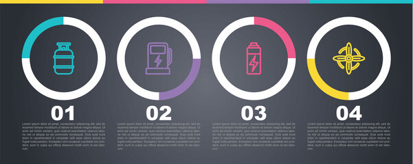 Set line Propane gas tank, Electric car charging station, Battery and Wind turbine. Business infographic template. Vector