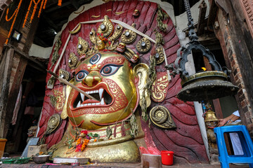 Kathmandu, Nepal - September 2021: Seto Bhairab mask in Kathmandu Durbar Square on September 22,...